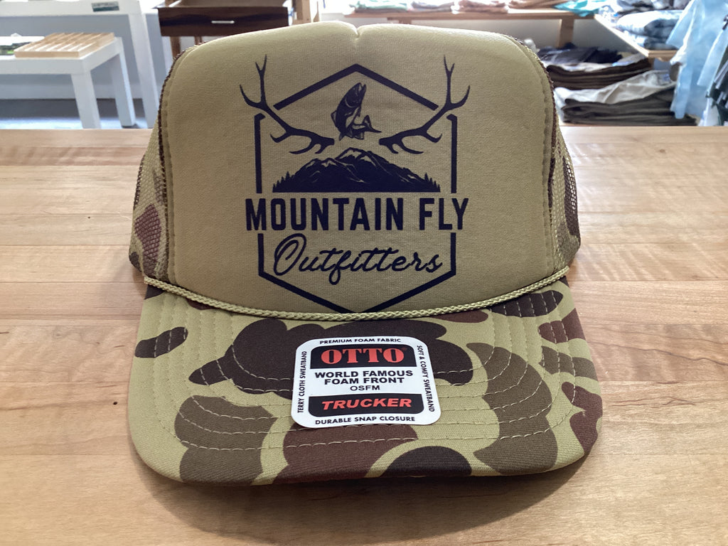 MTN FLY Hat Camo Antler trout Logo