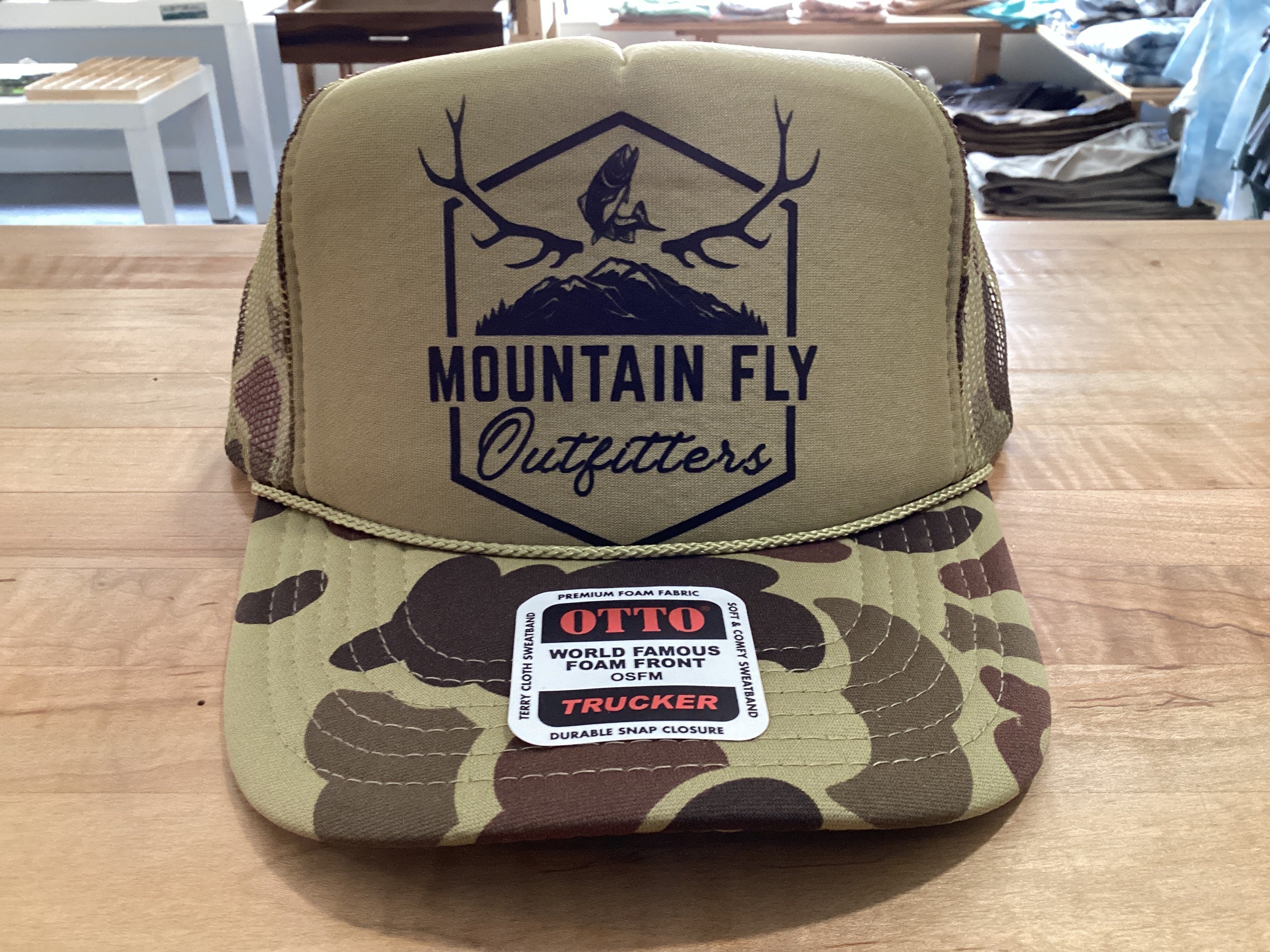 MTN FLY Hat Camo Antler trout Logo