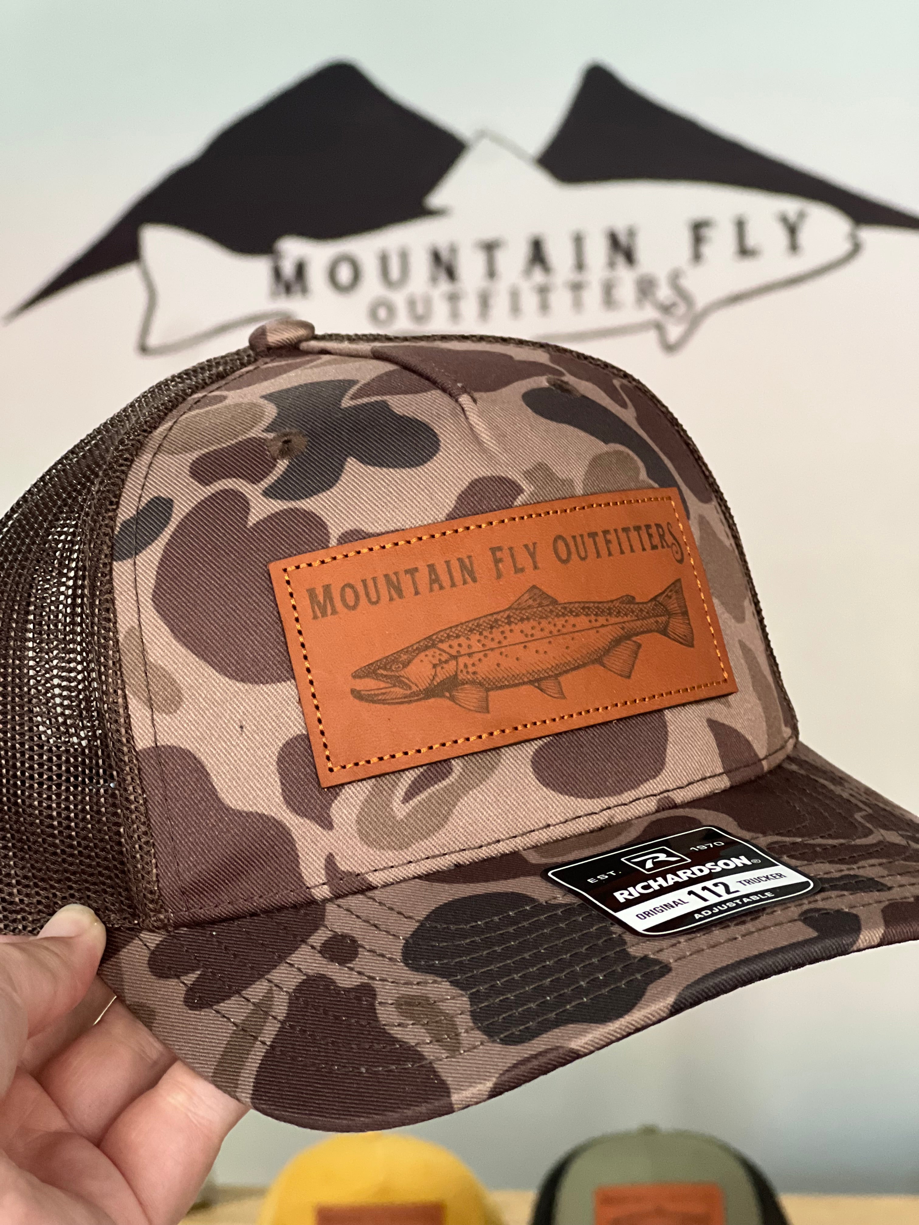 MTN FLY Hat Camo Leather Logo