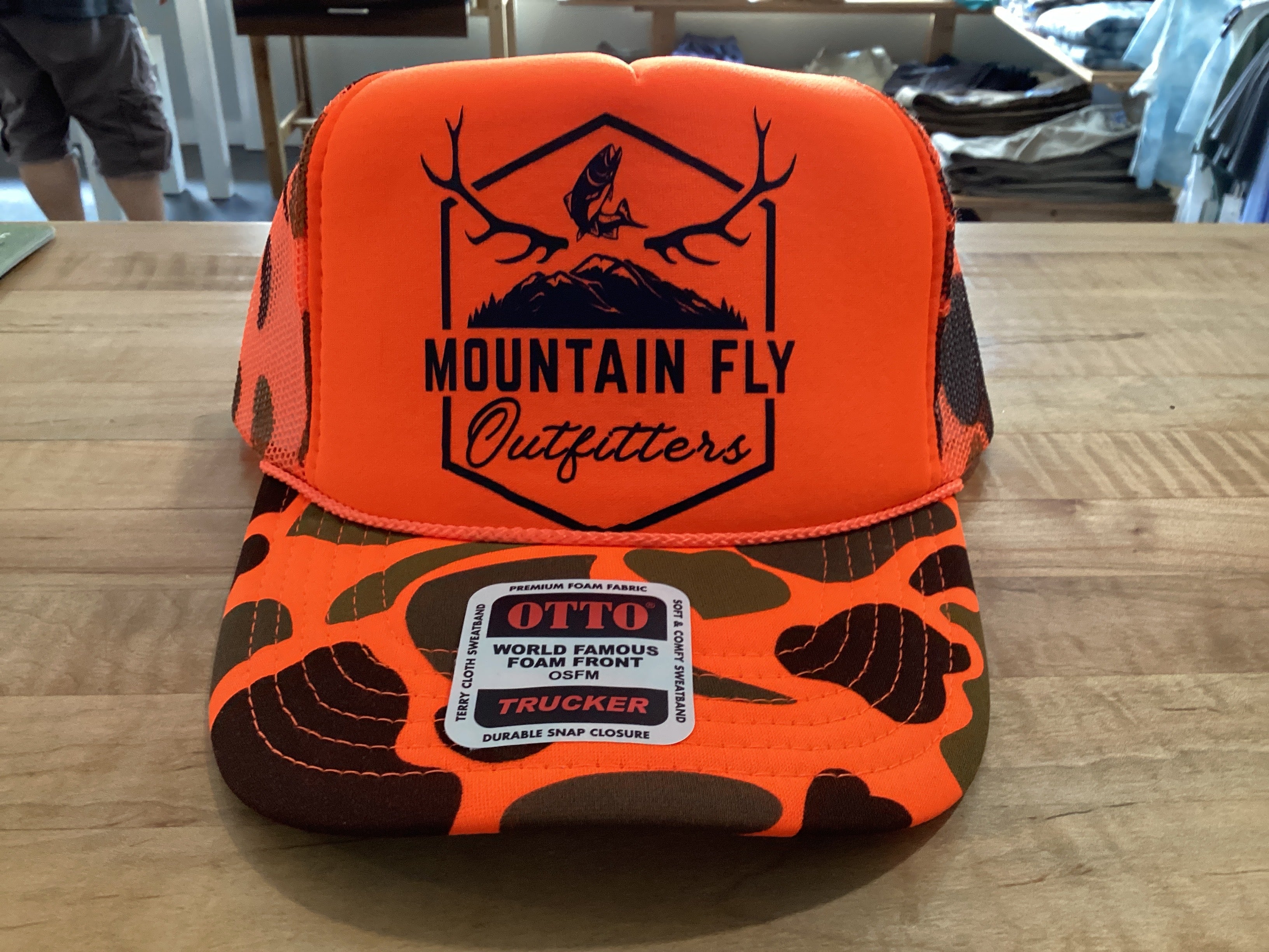 MTN FLY Hat Camo Antler trout Logo